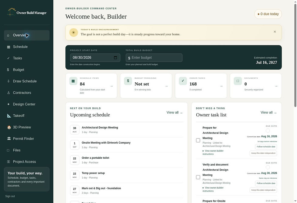 Actual Owner Build Manager app dashboard showing the project schedule, budget, tasks, documents, and build timeline